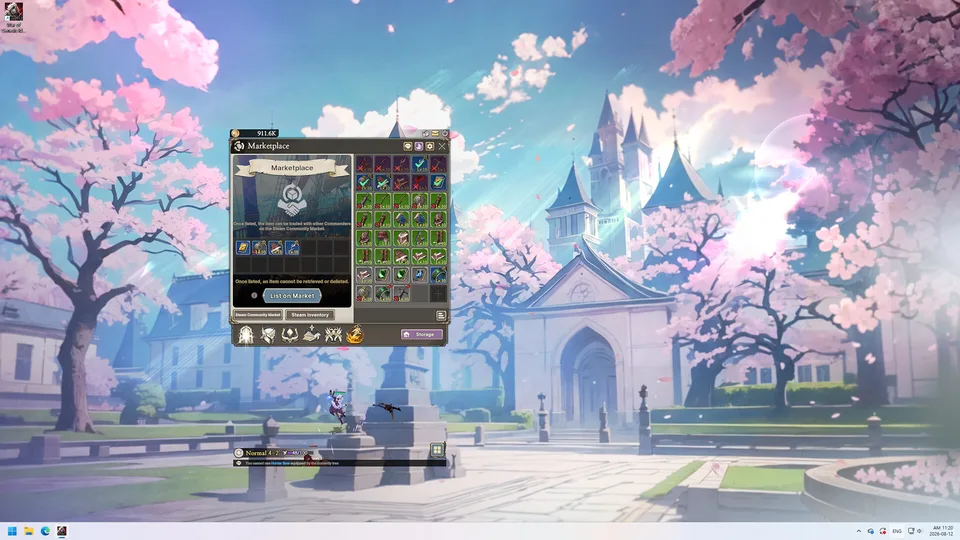 War of Genesis: Idle Loot gameplay screenshot — the transparent Marketplace window for listing loot on the Steam Community Market