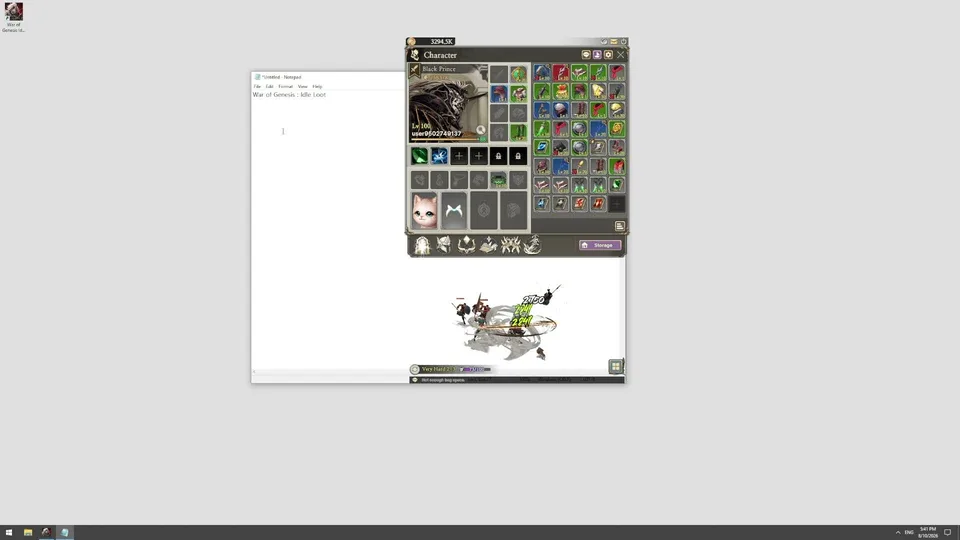 War of Genesis: Idle Loot gameplay screenshot with the desktop battle window, hero, and equipment inventory