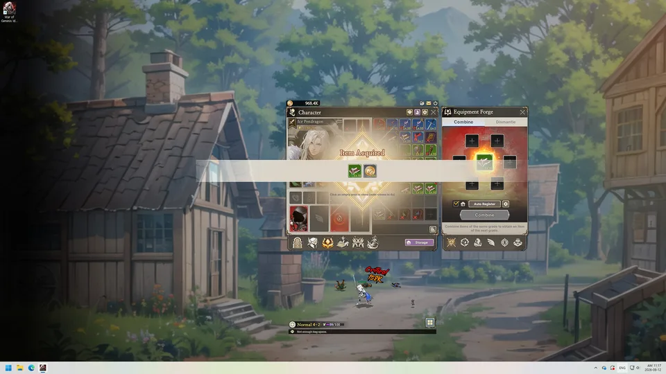 War of Genesis: Idle Loot gameplay screenshot — the Equipment Forge combine window over the character inventory